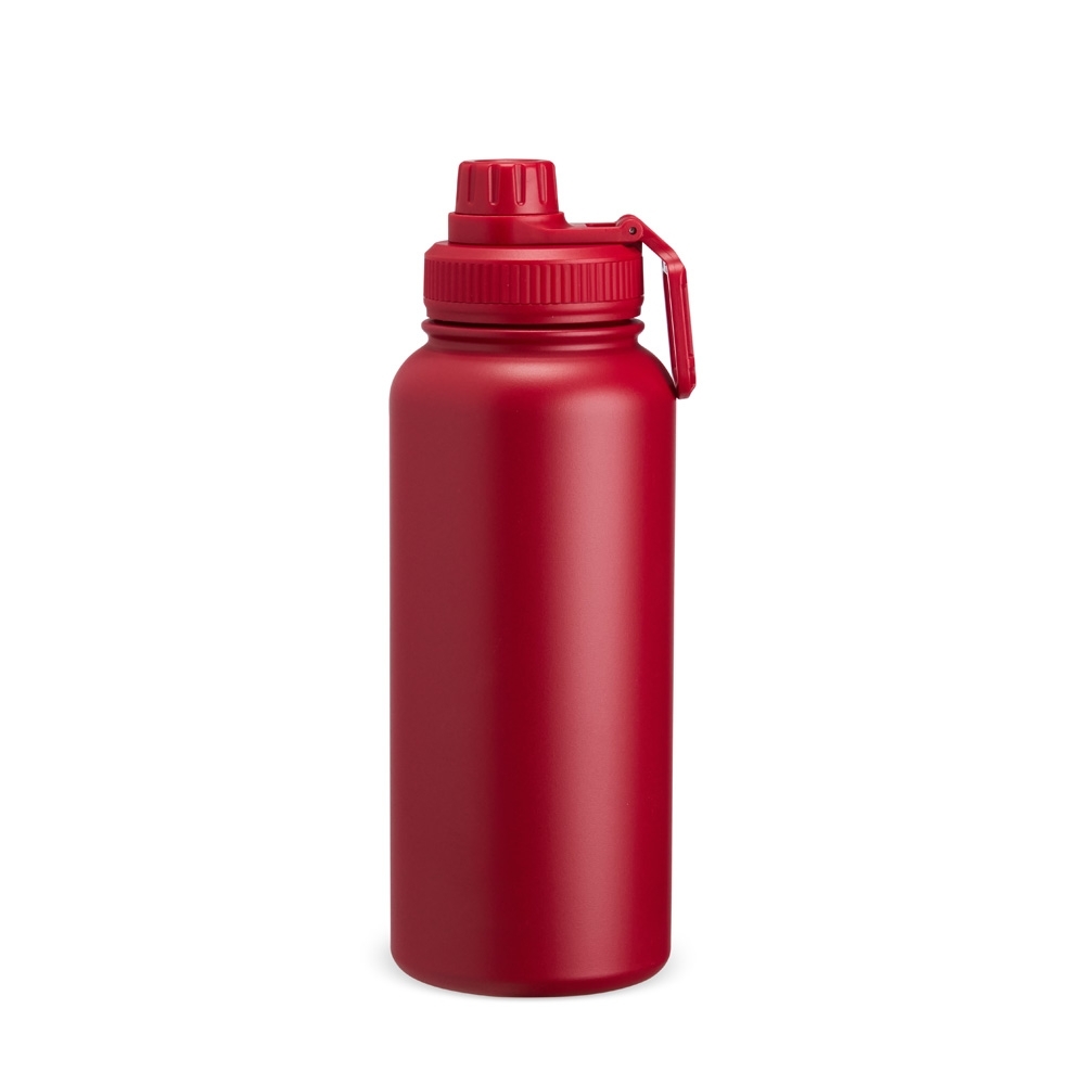 Garrafa térmica inox 1 litro personalizada com a logo da empresa, na cor vermelho