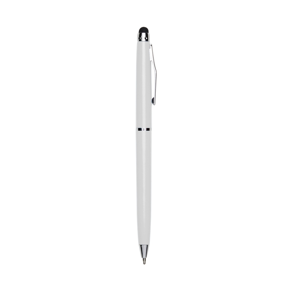 Caneta plástica giratória com touch personalizada com a logo da empresa, na cor branco