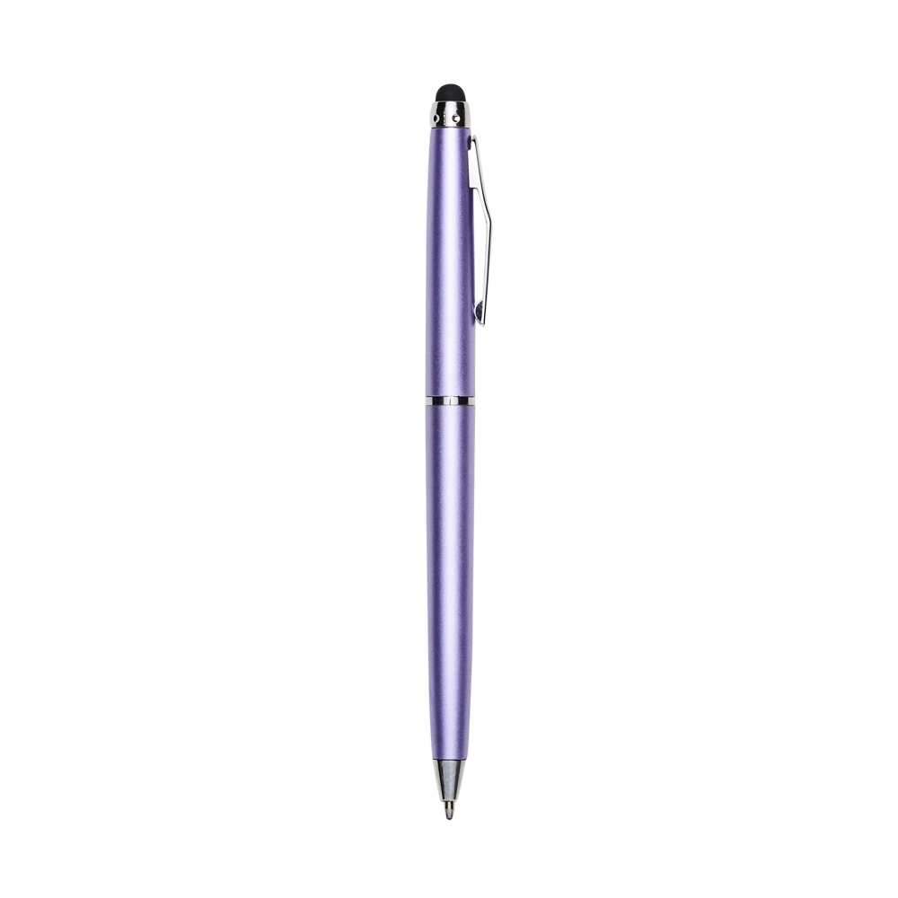 Caneta plástica giratória com touch personalizada com a logo da empresa, na cor roxo / prata
