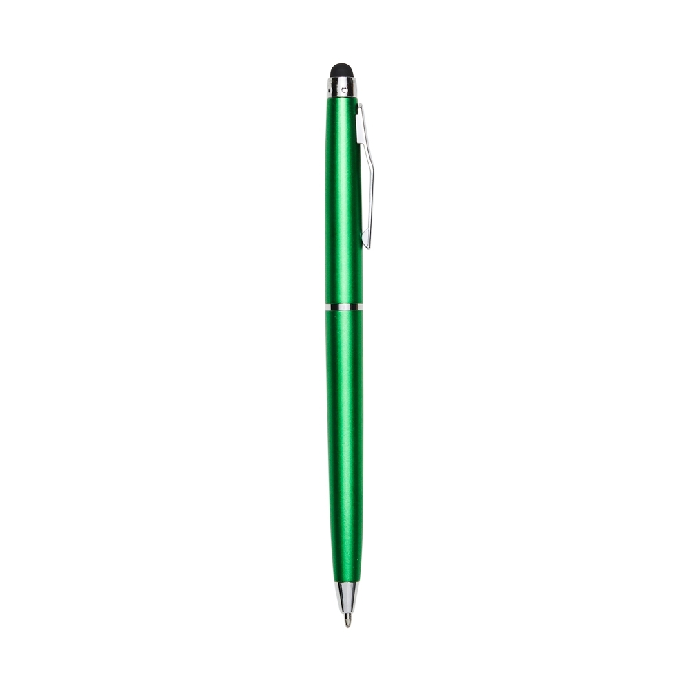 Caneta plástica giratória com touch personalizada com a logo da empresa, na cor verde / prata