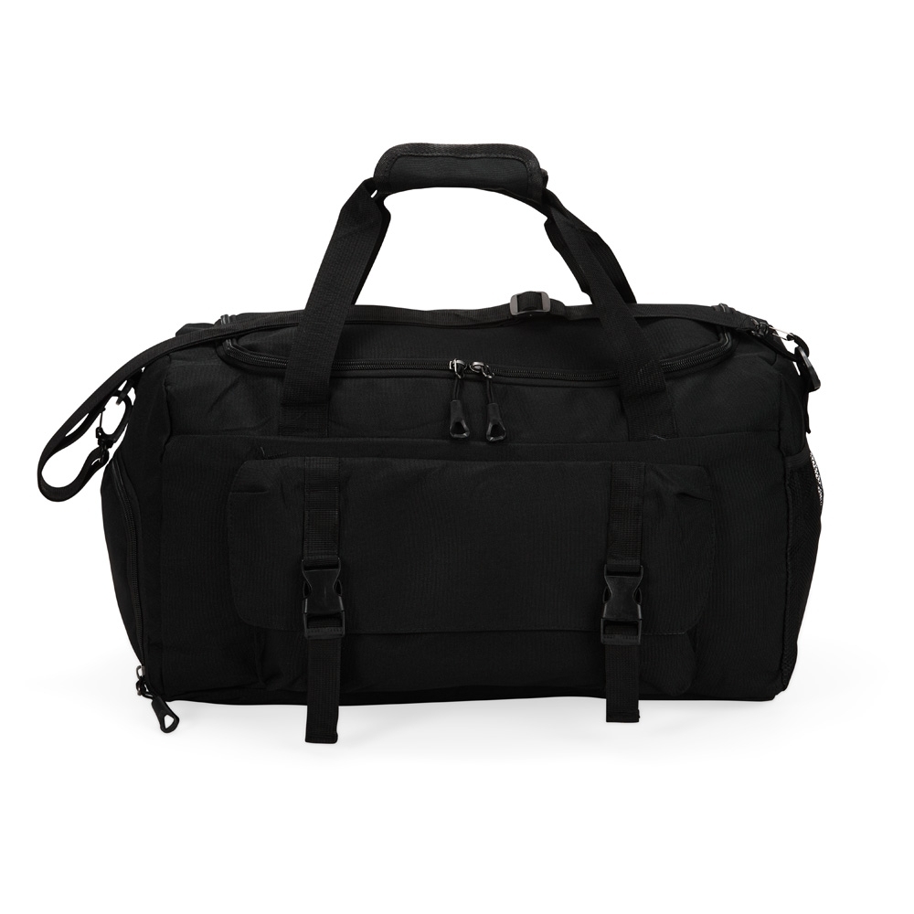 Bolsa esportiva 39 litros de nylon com 3 compartimentos na cor Preto, personalizada com a logo da empresa