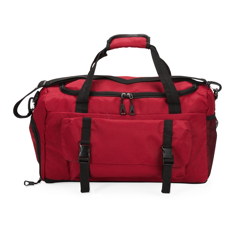 Bolsa esportiva 39 litros de nylon com 3 compartimentos personalizada com a logo da empresa, na cor vermelho / preto