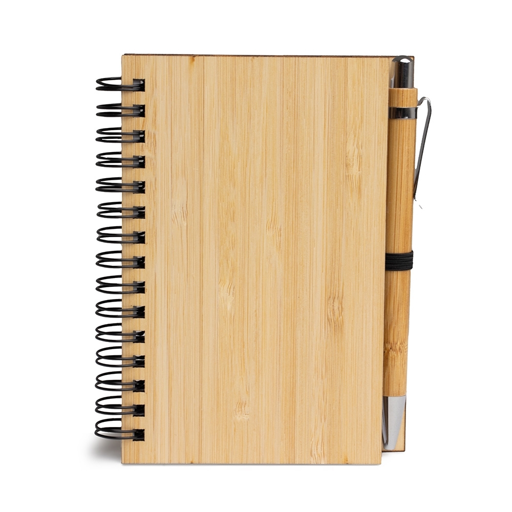 Bloco de anotações ecológico com caneta e capa de bambu