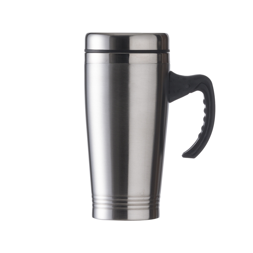 Caneca 450 ml inox com tampa na cor Inox, personalizada com a logo da empresa