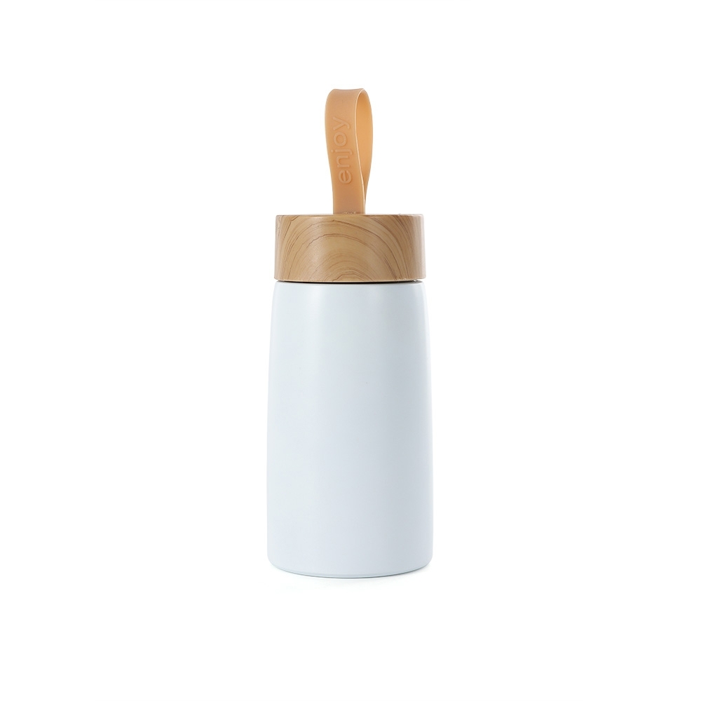 Garrafa inox parede dupla 250 ml com alça na cor Branco / Bege, personalizada com a logo da empresa