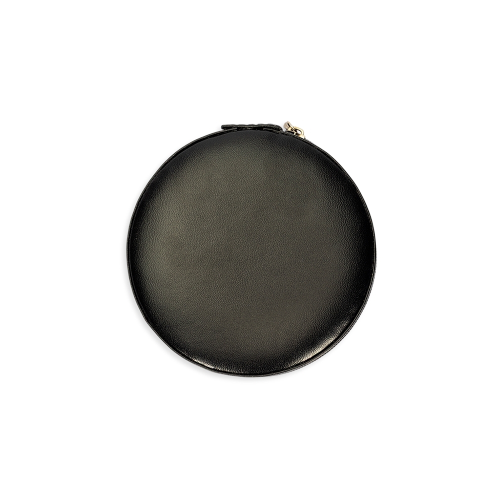 Porta-joias redondo de couro sintético com zíper e ganchos na cor Preto, personalizado com a logo da empresa
