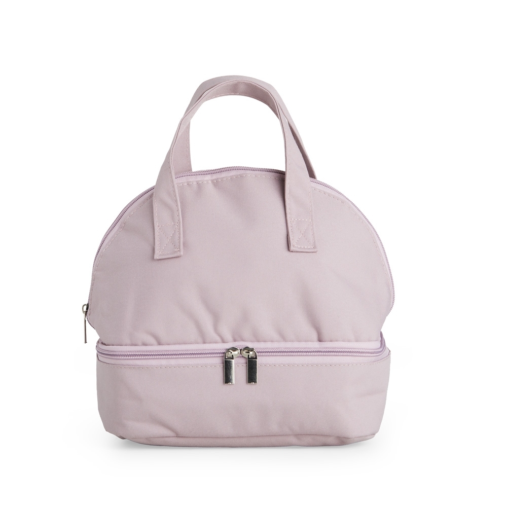 Bolsa térmica dupla 9 litros de tecido oxford com 2 compartimentos personalizada com a logo da empresa, na cor lilás