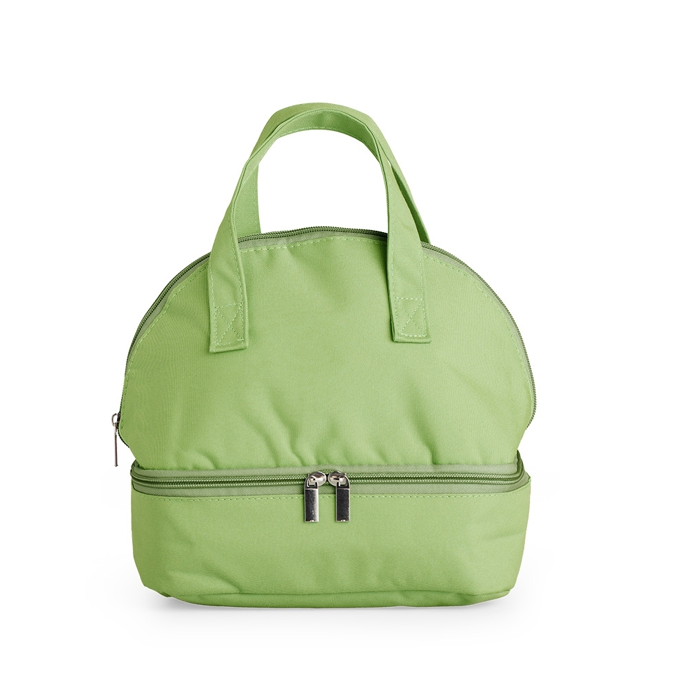 Bolsa térmica dupla 9 litros de tecido oxford com 2 compartimentos personalizada com a logo da empresa, na cor verde