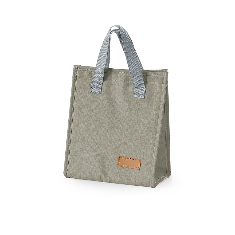 Bolsa térmica 6 litros de tecido oxford impermeável personalizada com a logo da empresa, na cor bege