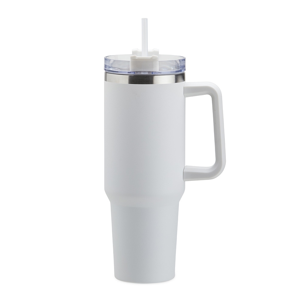 Caneca térmica 1,2 litro de inox com canudo e pegador plástico personalizada com a logo da empresa, na cor branco / inox