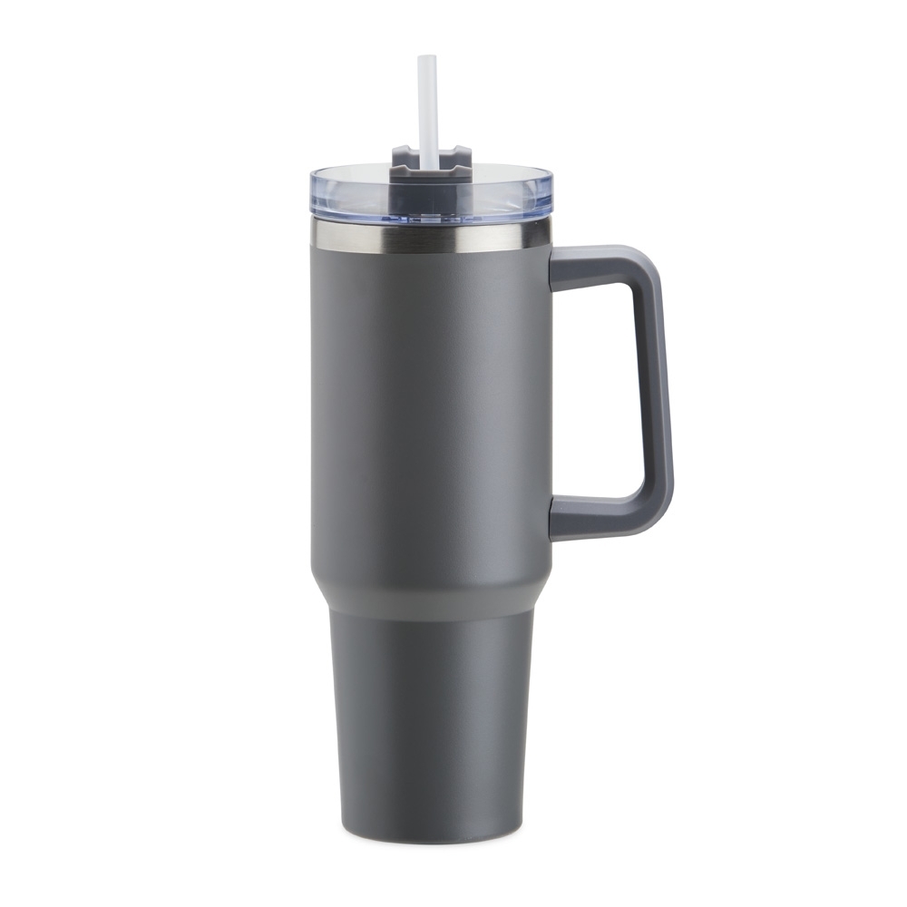 Caneca térmica 1,2 litro de inox com canudo e pegador plástico personalizada com a logo da empresa, na cor cinza / inox