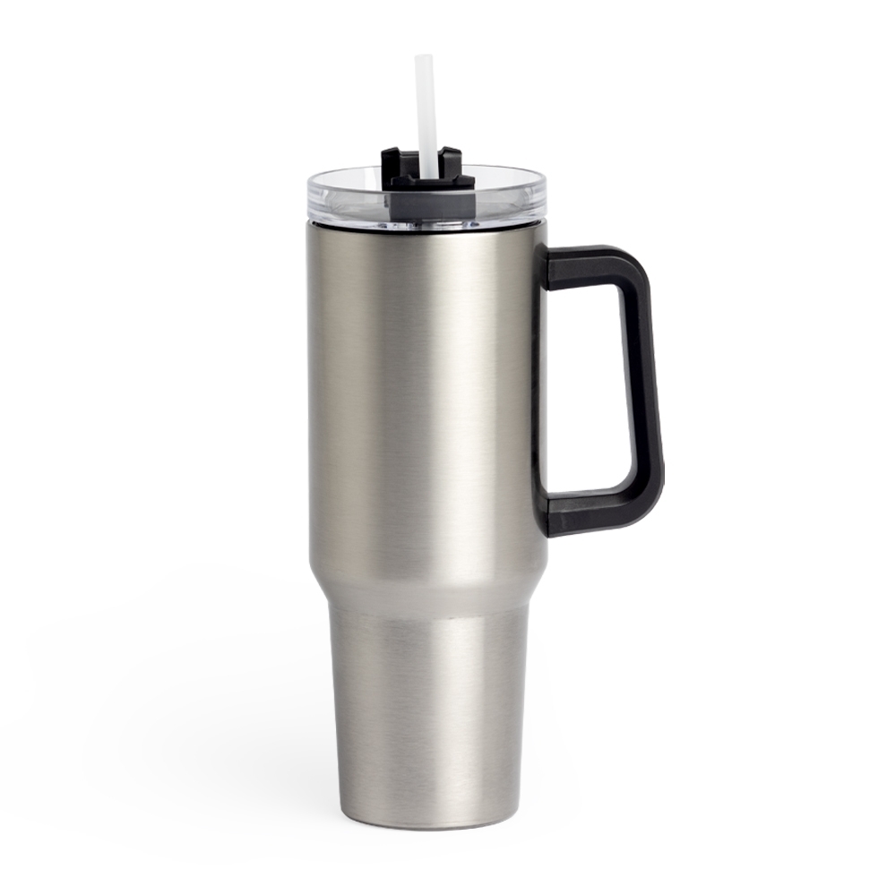 Caneca térmica 1,2 litro de inox com canudo e pegador plástico personalizada com a logo da empresa, na cor inox