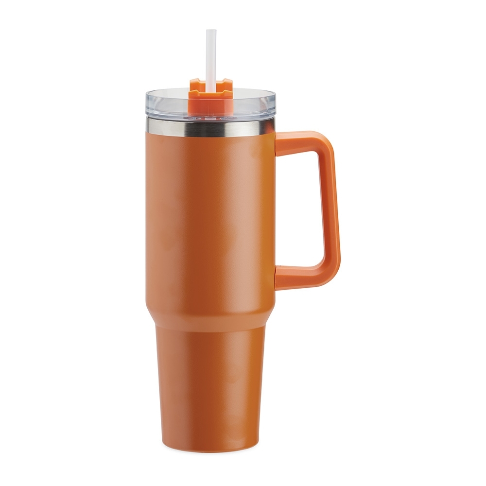 Caneca térmica 1,2 litro de inox com canudo e pegador plástico personalizada com a logo da empresa, na cor laranja / inox