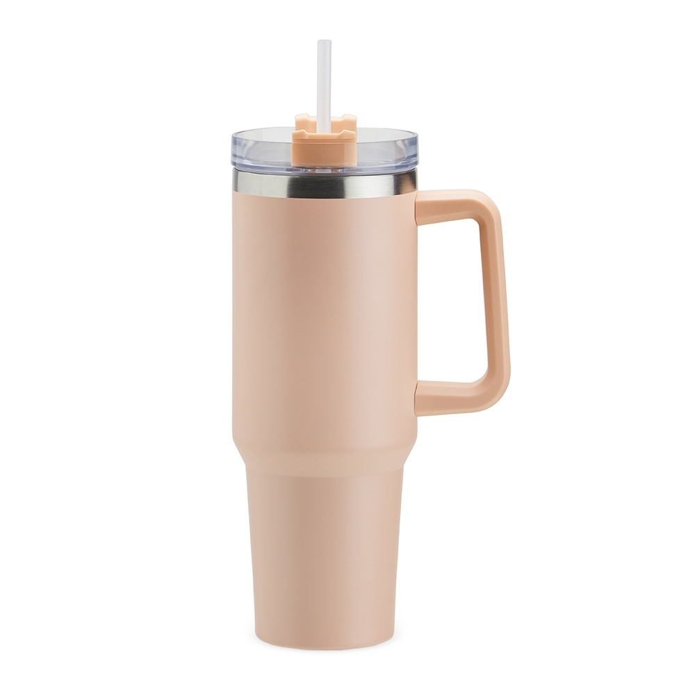 Caneca térmica 1,2 litro de inox com canudo e pegador plástico personalizada com a logo da empresa, na cor rosa claro / inox
