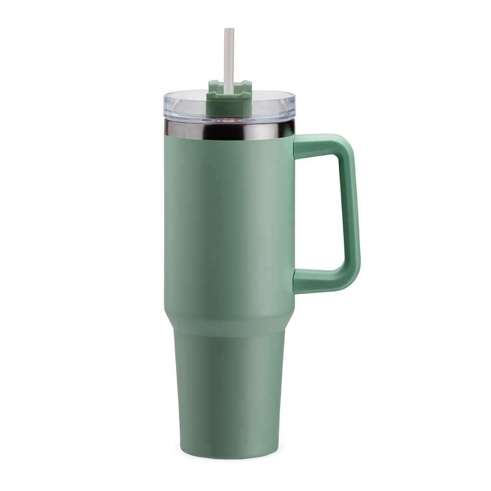 Caneca térmica 1,2 litro de inox com canudo e pegador plástico personalizada com a logo da empresa, na cor verde / inox
