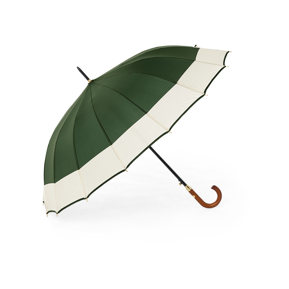 Guarda-chuva automático com 16 varetas e cabo de madeira personalizado com a logo da empresa, na cor verde