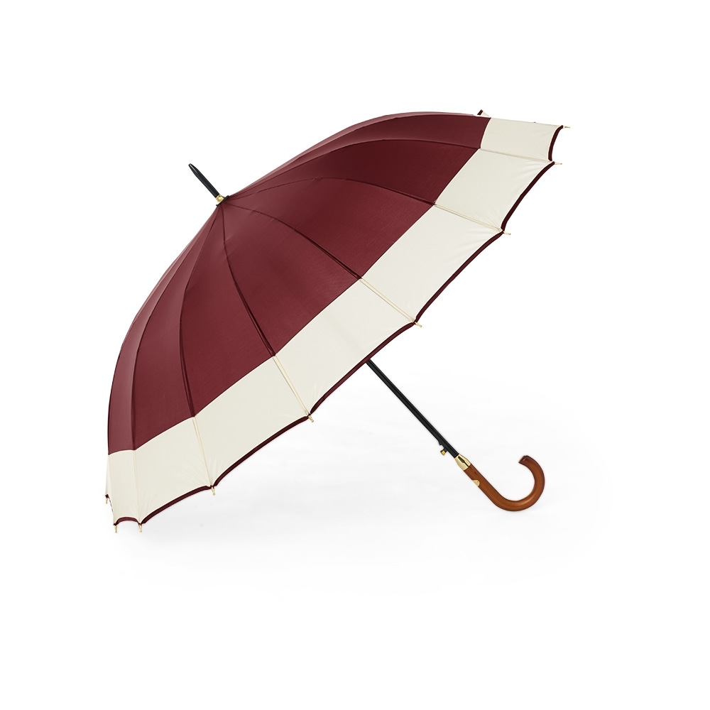 Guarda-chuva automático com 16 varetas e cabo de madeira personalizado com a logo da empresa, na cor vermelho
