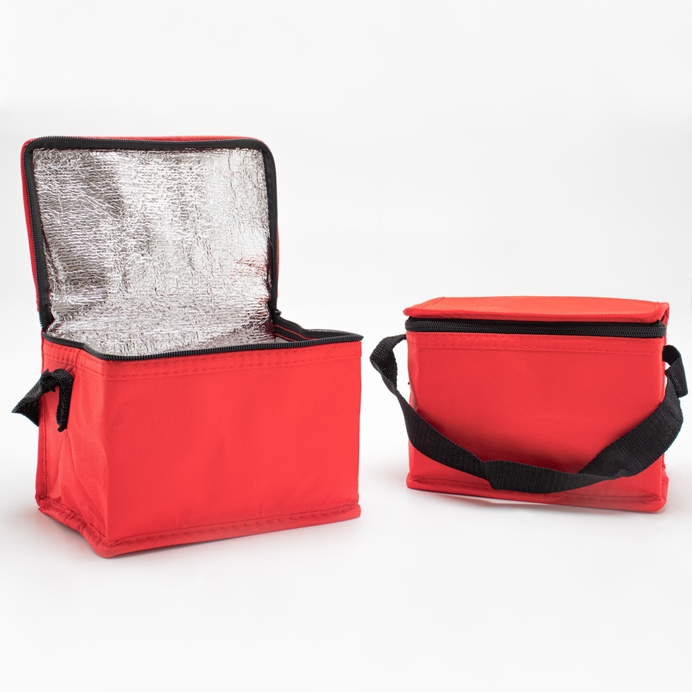 Bolsa térmica 4 litros de TNT impermeável personalizada com a logo da empresa, na cor vermelho / preto