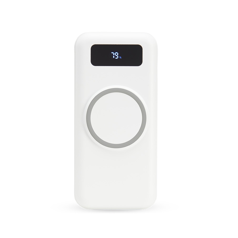 Power bank 10.000 mAh com carregamento via indução ou via cabo na cor Branco / Cinza, personalizado com a logo da empresa