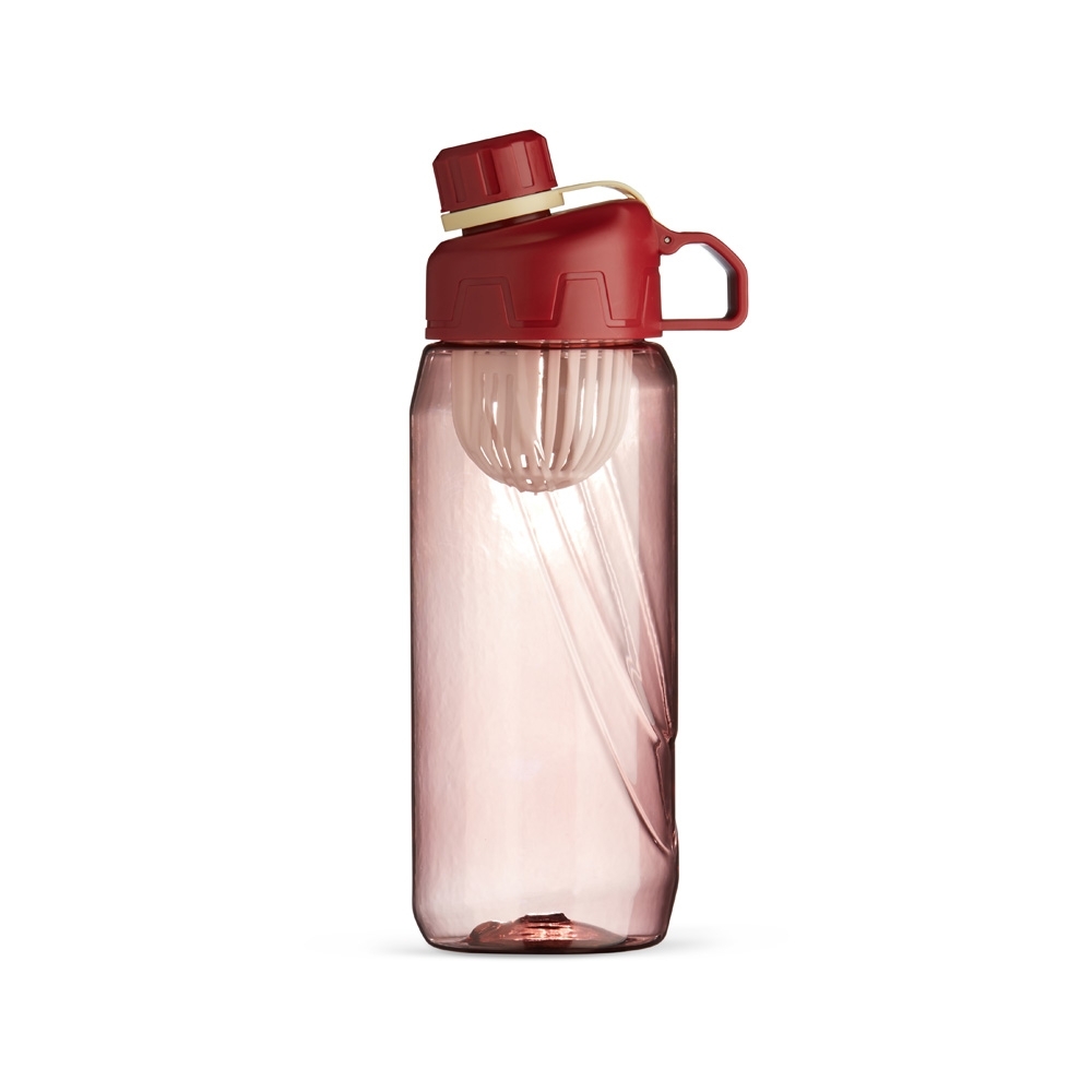 Squeeze plástico 800 ml com infusor e alça personalizado com a logo da empresa, na cor vermelho