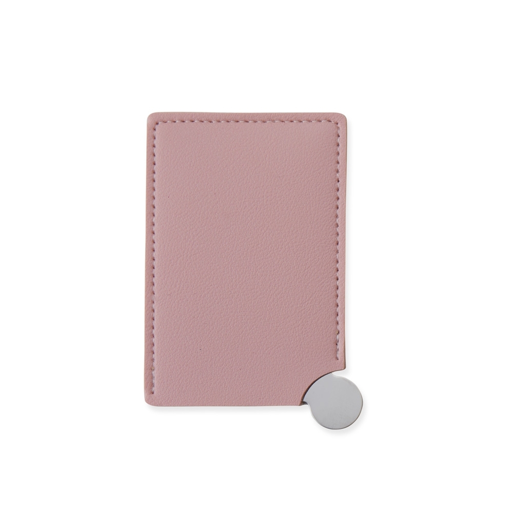 Espelho de aço inox retangular com capa de couro sintético na cor Inox / Rosa, personalizado com a logo da empresa