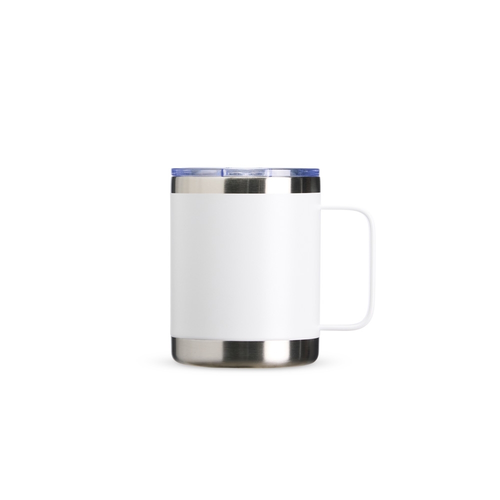Caneca térmica 350 ml de inox com faixas de inox aparente personalizada com a logo da empresa
