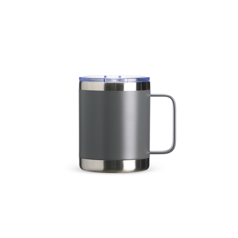 Caneca térmica 350 ml de inox com faixas de inox aparente personalizada com a logo da empresa, na cor cinza / inox