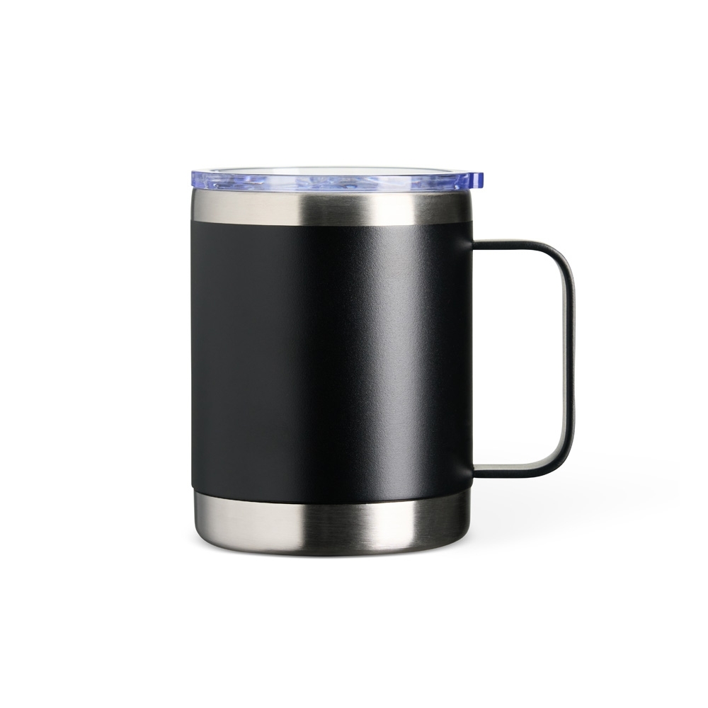 Caneca térmica 350 ml de inox com faixas de inox aparente na cor Preto / Inox, personalizada com a logo da empresa