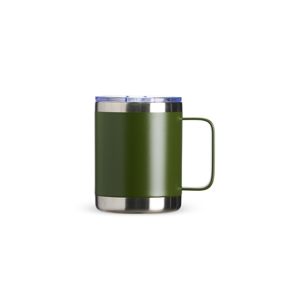 Caneca térmica 350 ml de inox com faixas de inox aparente personalizada com a logo da empresa, na cor verde / inox