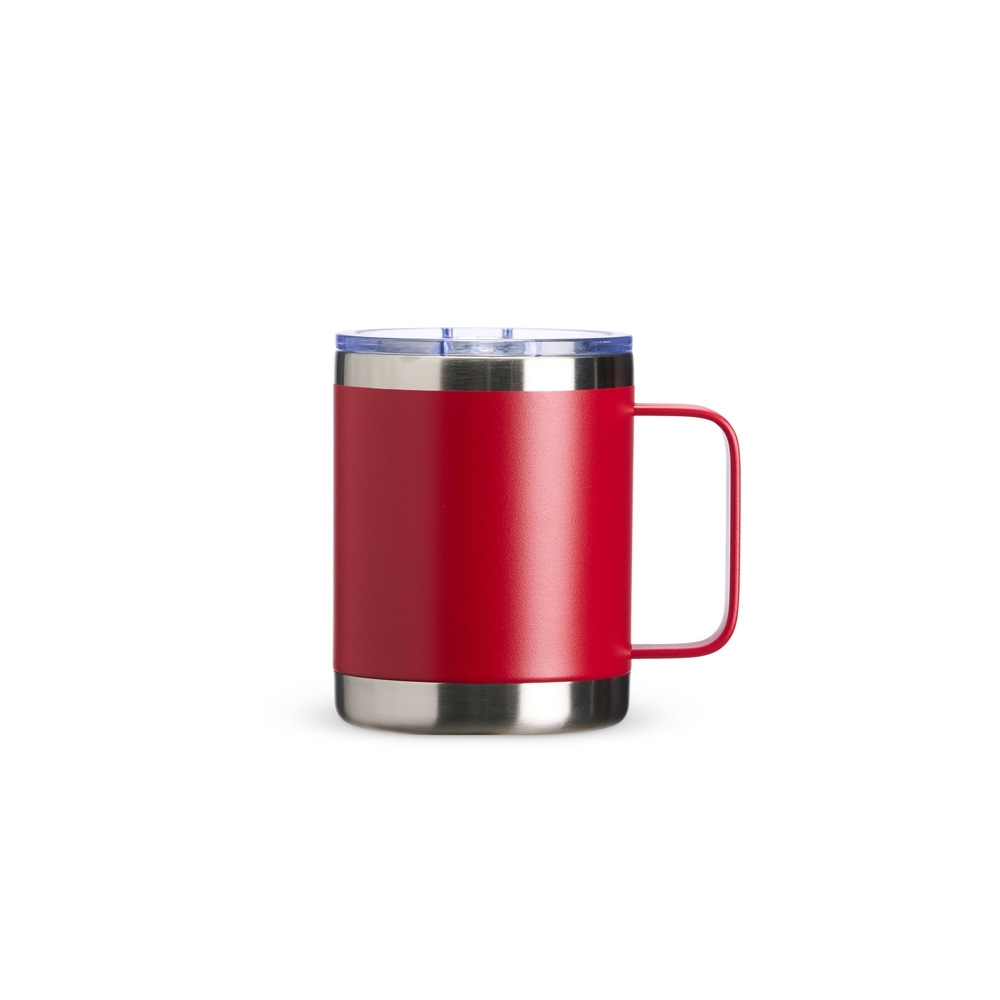 Caneca térmica 350 ml de inox com faixas de inox aparente personalizada com a logo da empresa, na cor vermelho / inox