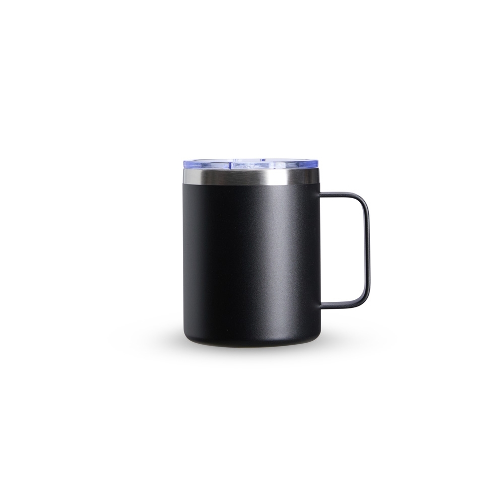 Caneca térmica 350 ml de inox com pintura inteira na cor Preto / Inox, personalizada com a logo da empresa