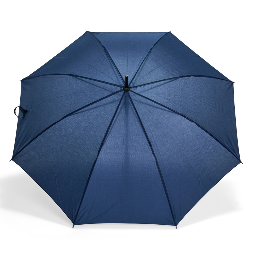 Guarda-chuva automático pongee com varetas de fibra e cabo de madeira personalizado com a logo da empresa, na cor azul escuro