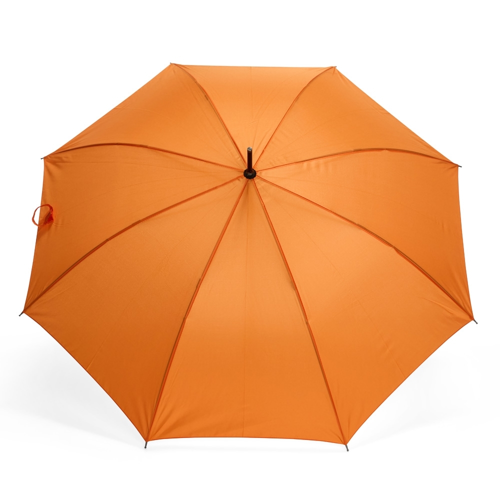 Guarda-chuva automático pongee com varetas de fibra e cabo de madeira personalizado com a logo da empresa, na cor laranja