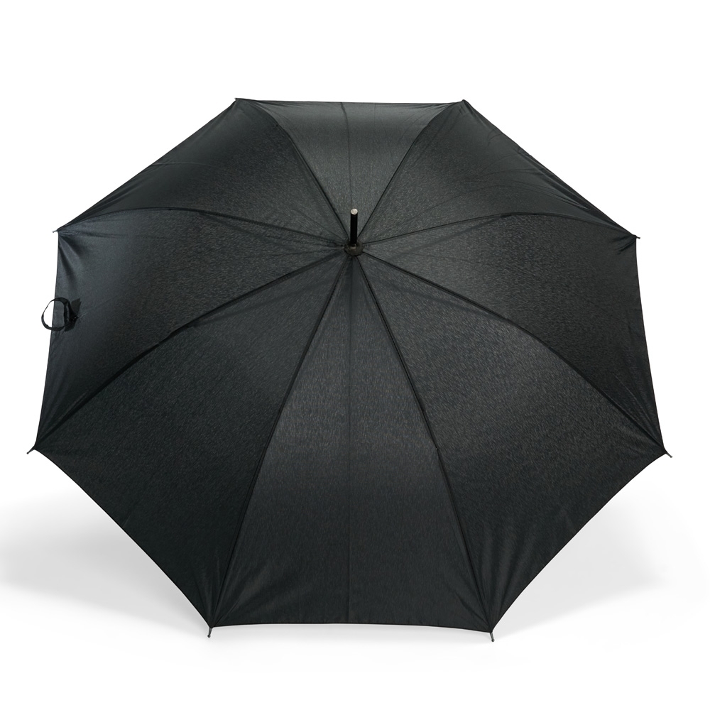 Guarda-chuva automático pongee com varetas de fibra e cabo de madeira na cor Preto, personalizado com a logo da empresa