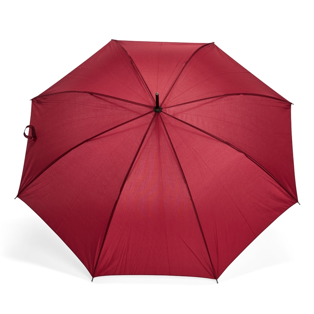 Guarda-chuva automático pongee com varetas de fibra e cabo de madeira personalizado com a logo da empresa, na cor vinho