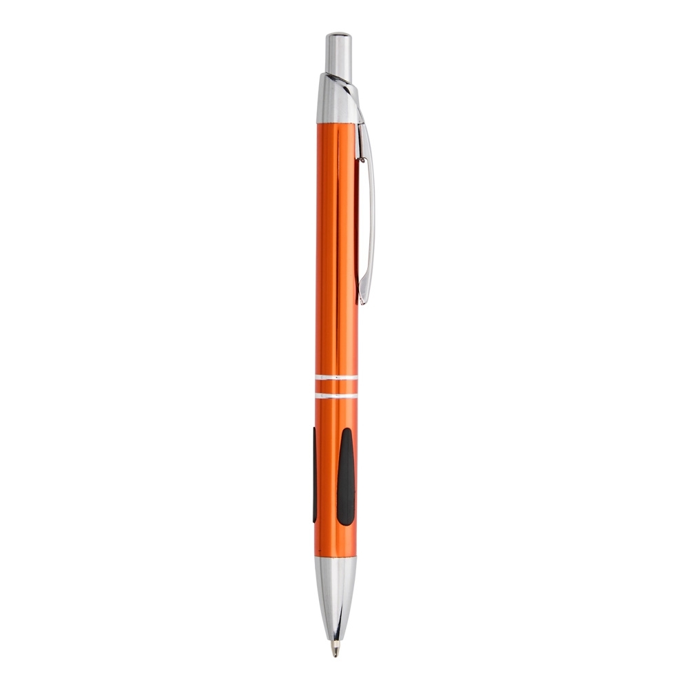 Caneta de metal brilhante com detalhe emborrachado e anéis personalizada com a logo da empresa, na cor laranja