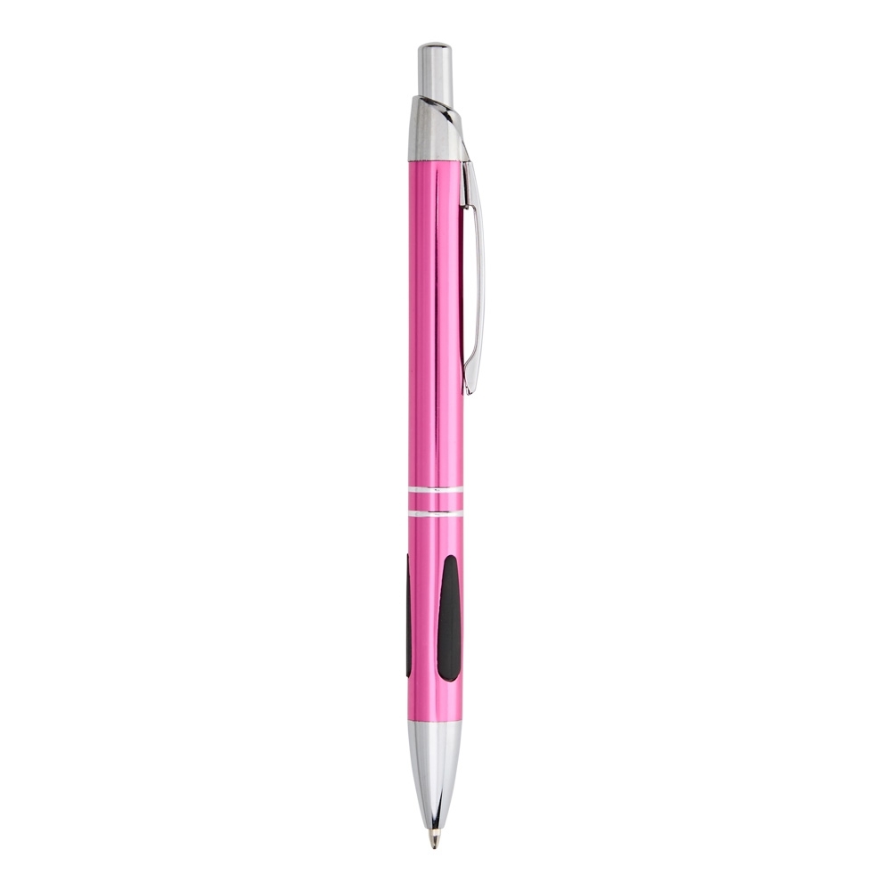 Caneta de metal brilhante com detalhe emborrachado e anéis personalizada com a logo da empresa, na cor rosa