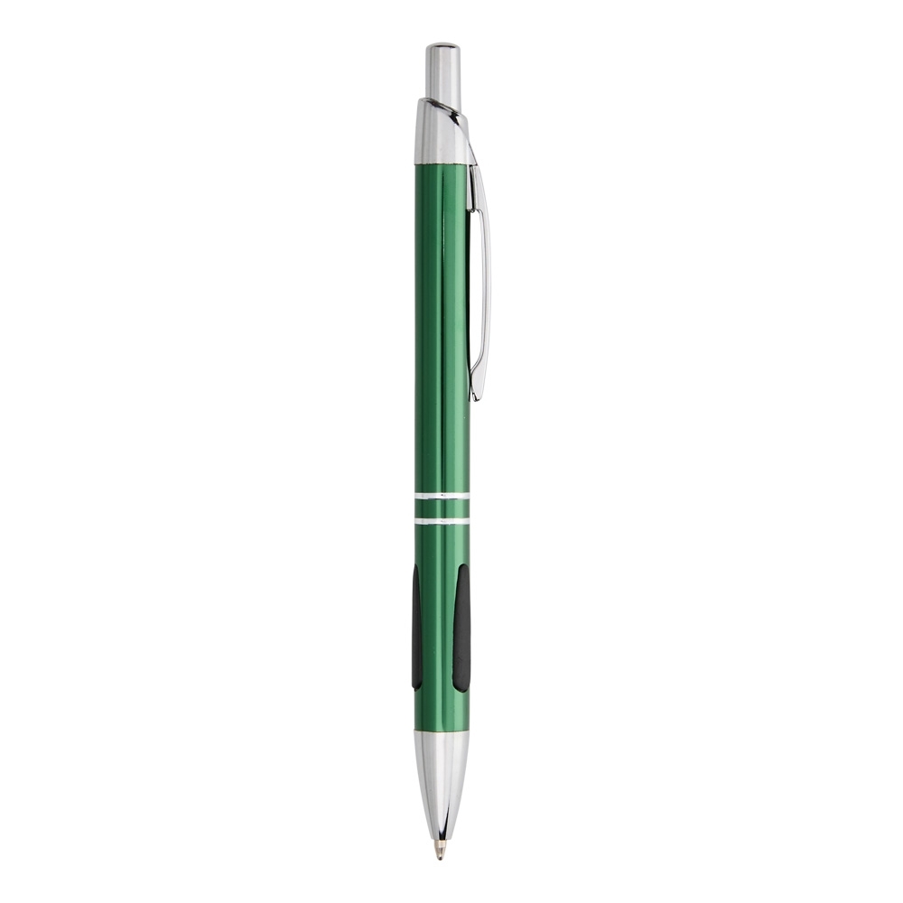 Caneta de metal brilhante com detalhe emborrachado e anéis personalizada com a logo da empresa, na cor verde escuro