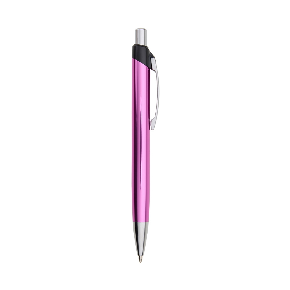 Caneta de metal brilhante com topo em contraste e clipe curvo personalizada com a logo da empresa, na cor rosa
