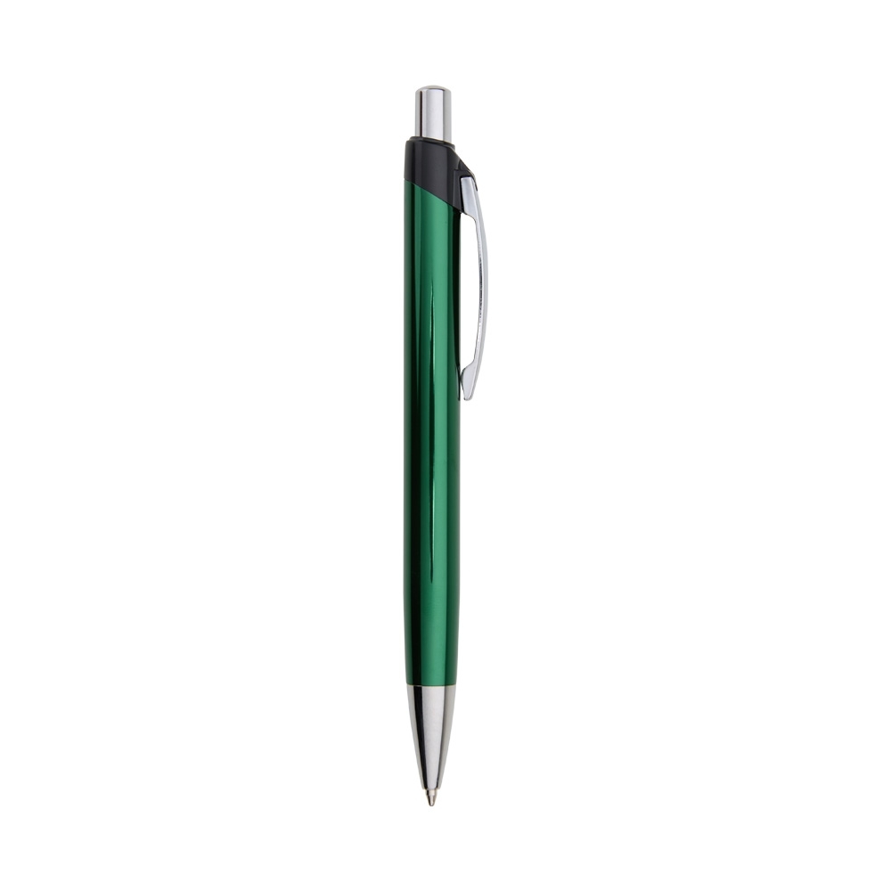 Caneta de metal brilhante com topo em contraste e clipe curvo personalizada com a logo da empresa, na cor verde