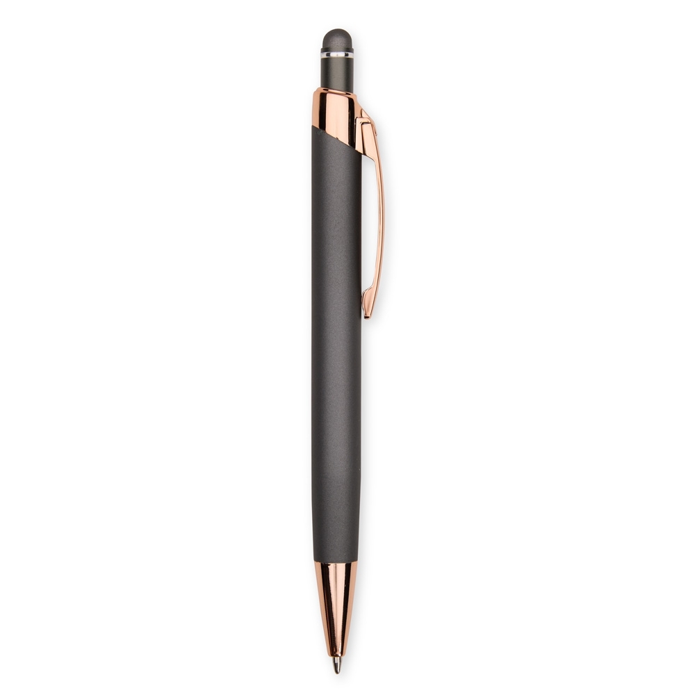 Caneta de metal touch emborrachada robusta com clipe acobreado personalizada com a logo da empresa, na cor chumbo / cobre