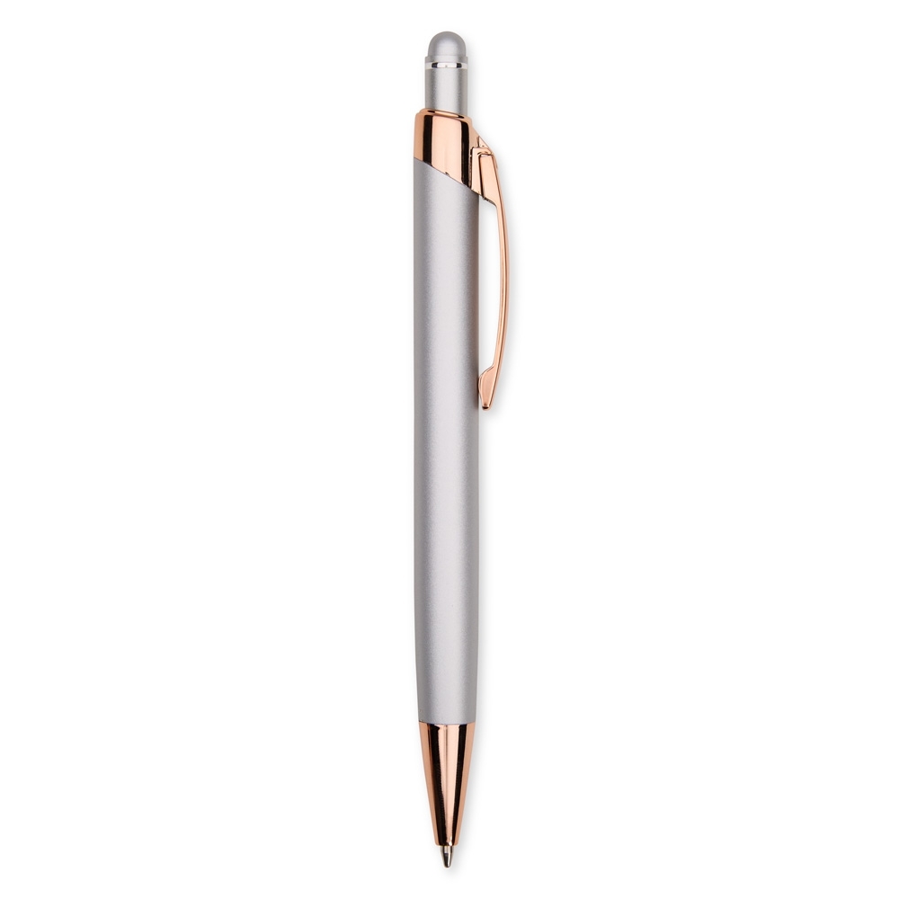 Caneta de metal touch emborrachada robusta com clipe acobreado personalizada com a logo da empresa, na cor prata / cobre
