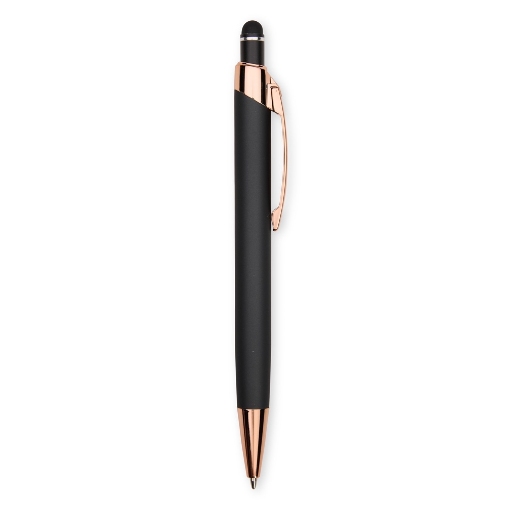 Caneta de metal touch emborrachada robusta com clipe acobreado na cor Preto / Cobre, personalizada com a logo da empresa