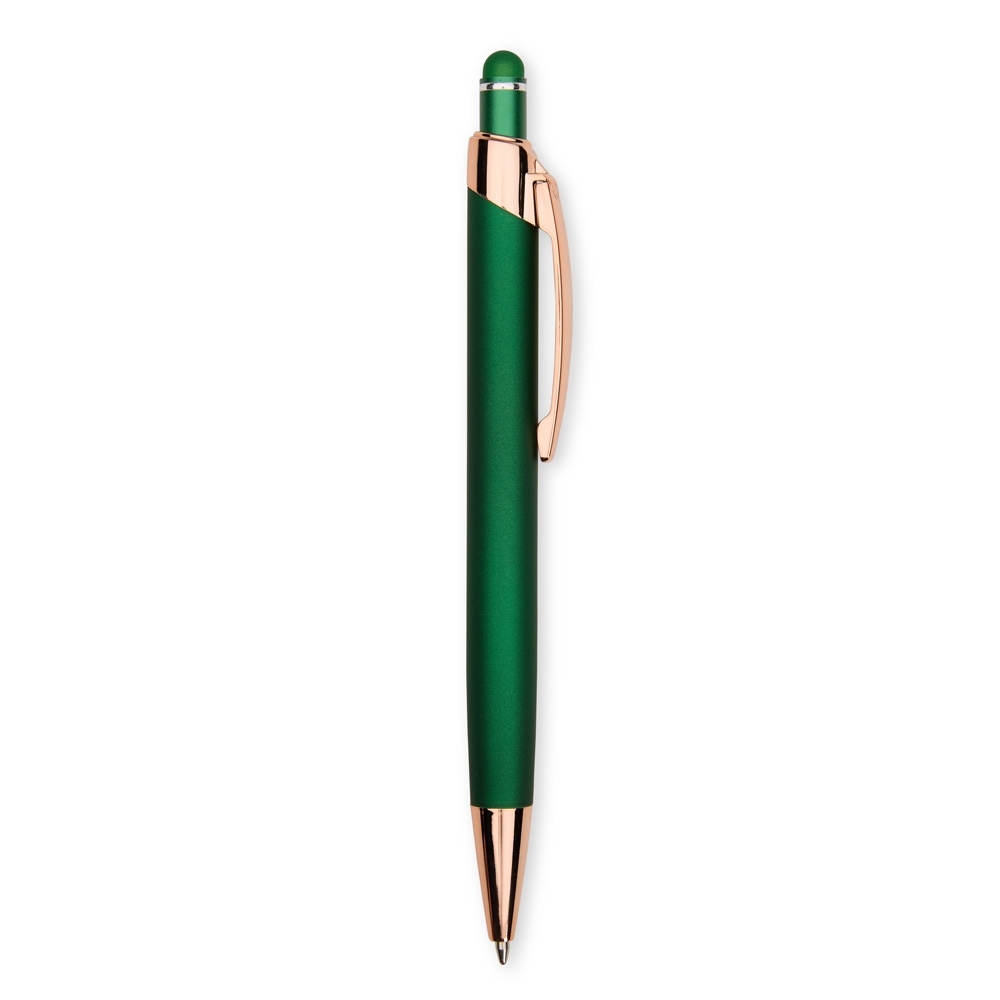 Caneta de metal touch emborrachada robusta com clipe acobreado personalizada com a logo da empresa, na cor verde / cobre