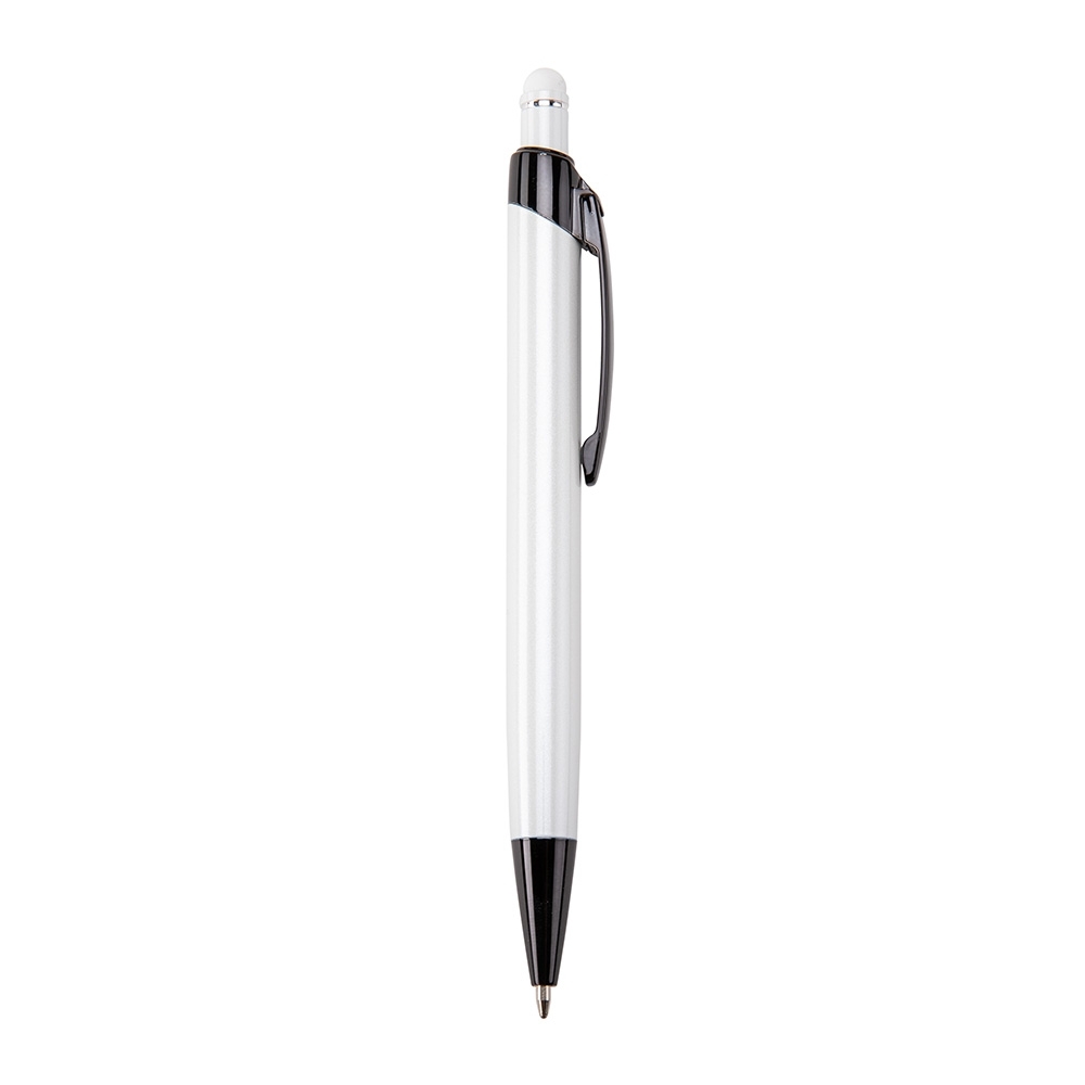 Caneta de metal touch brilhante com ponteira plástica e clipe escuro na cor Branco / Preto, personalizada com a logo da empresa