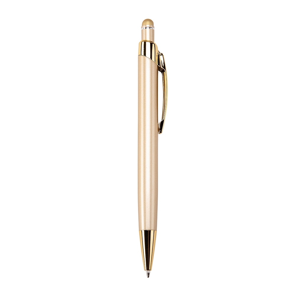 Caneta de metal touch com acabamento espelhado personalizada com a logo da empresa, na cor dourado