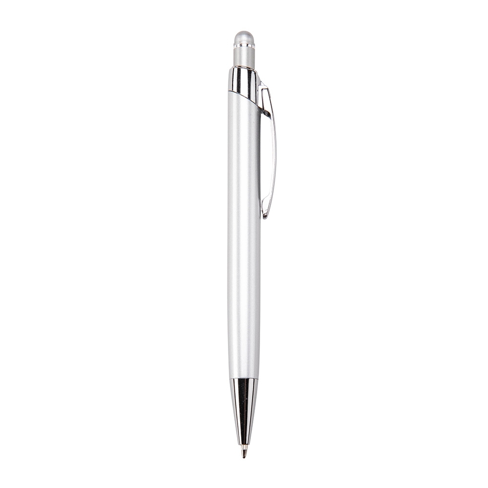 Caneta de metal touch com acabamento espelhado personalizada com a logo da empresa, na cor prata