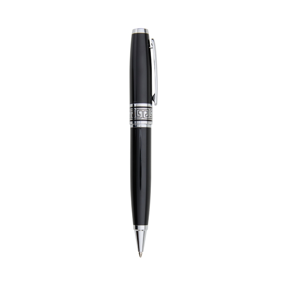 Caneta de metal giratória robusta com anel central trabalhado na cor Preto, personalizada com a logo da empresa