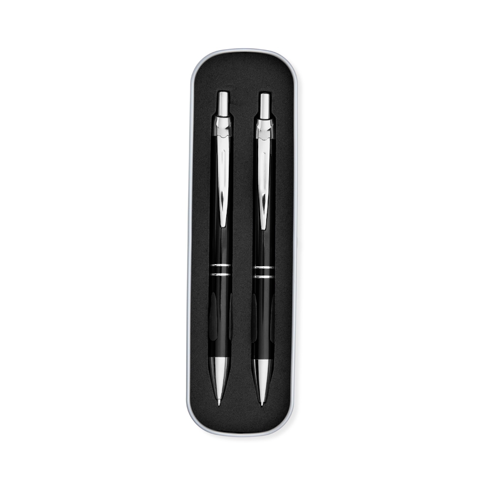 Conjunto caneta e lapiseira de metal foscas em estojo de metal na cor Preto, personalizado com a logo da empresa