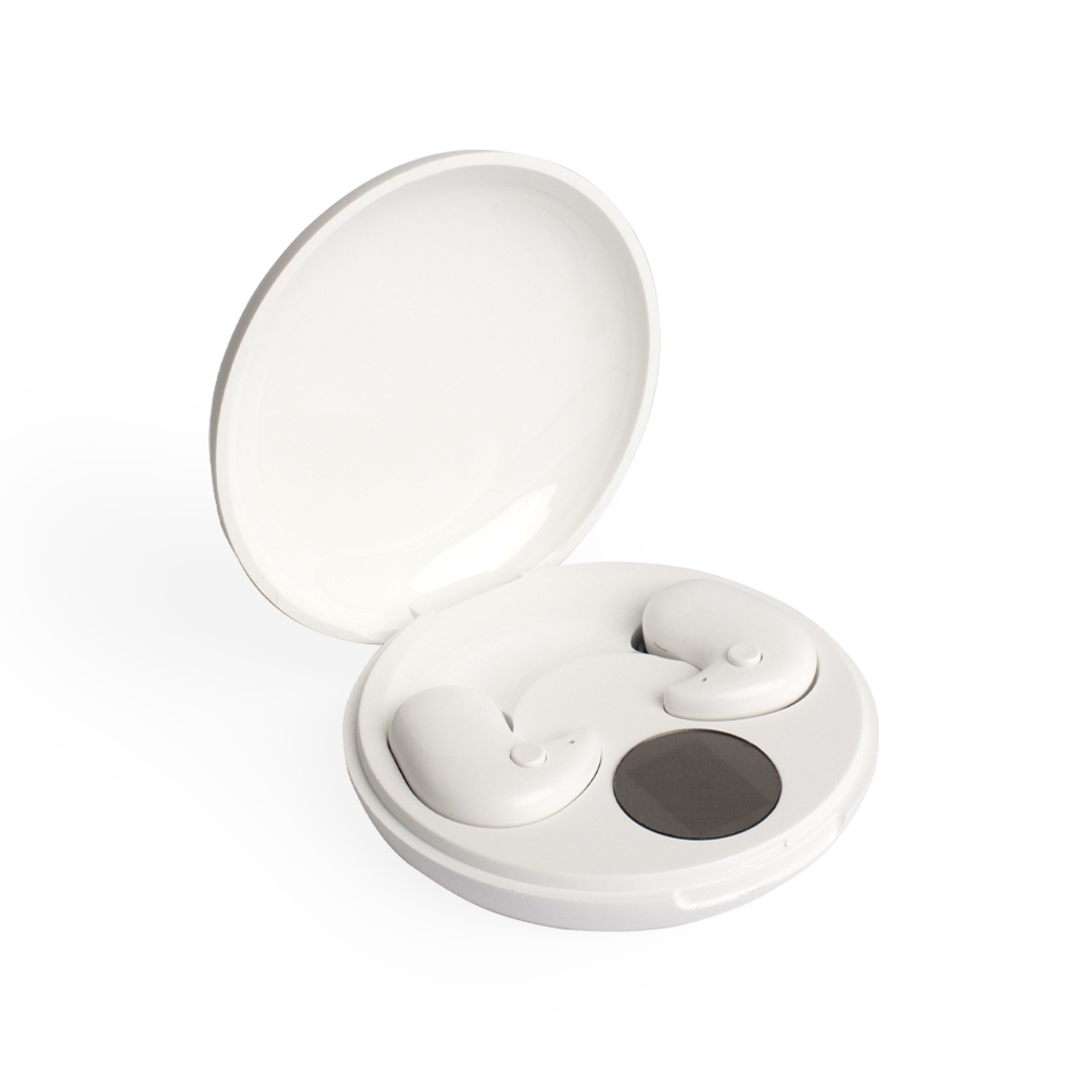 Fone de ouvido Bluetooth intra-auricular com case e painel de LED na cor Branco, personalizado com a logo da empresa